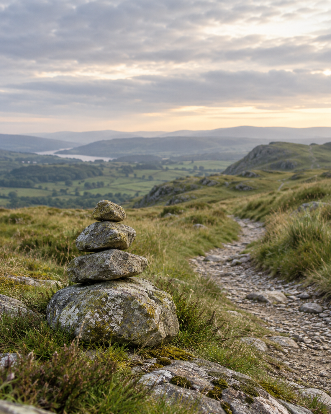 Weathered stones marking a winding hillside trail in soft morning light